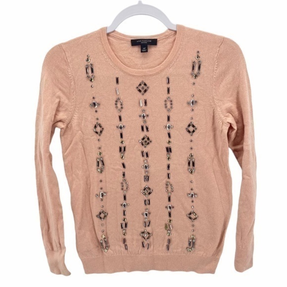 Ann Taylor Beaded Crewneck Sweater - Blush Pink